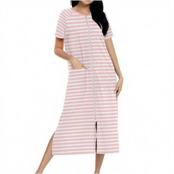 Zipper Striped Long Nightgowns for Women 2025 Trendy Color Block Short Sleeve Night Dress Sleepwear with Pockets