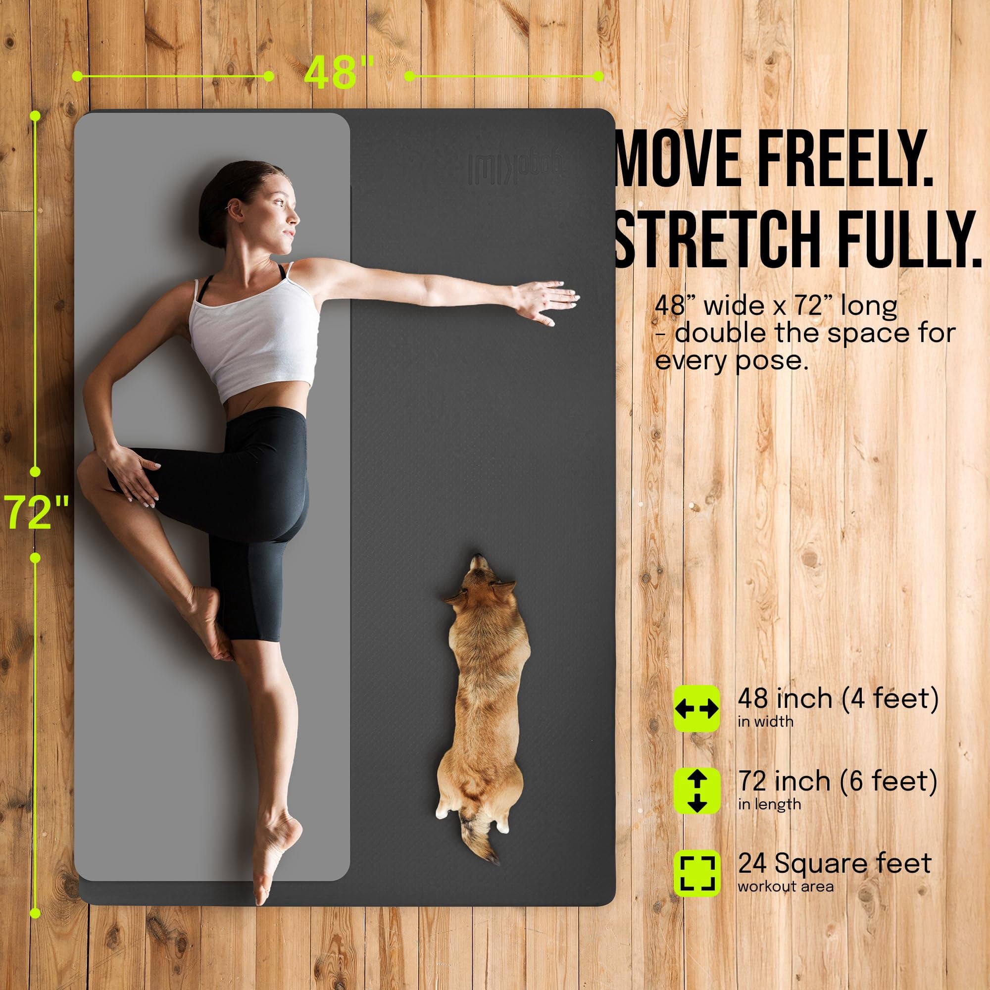 Gogokiwi Large Yoga Mat (6'x4') Extra Wide 1/4 Inch Thick Workout Mat for Home, Non Slip Fitness & Exercise Mat for Home Gym, Yoga, Pilates, Stretching, and Floor (Just Black)