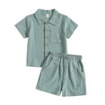 thumbnail image 2 of Conairie Boy Outfits Set 2 Piece Collar Button Down Short Sleeve Shirt and Shorts Kids Cute Solid Lightweight Summer Soft Loungewear Clothe Set Army Green 18-24 M, 2 of 5