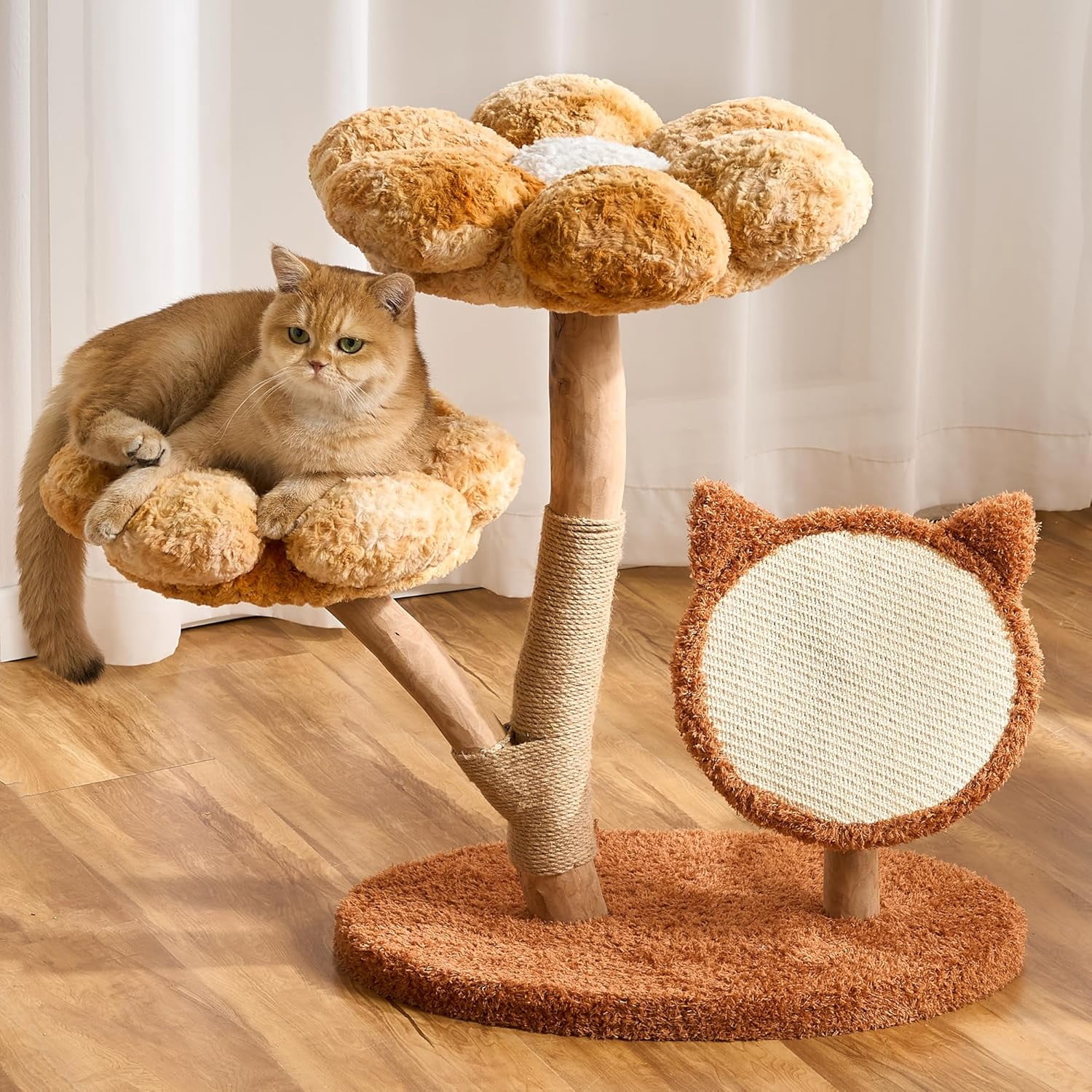 Modern Natural Solid Wood Cat Tree Tower for Indoor Cats Large Adult, 30 inch Flower Cat Tree with Scratching Post, Luxury Aesthetic Cat Tree with Cloud-Soft Flower Perches and Sisal Scratching Pad
