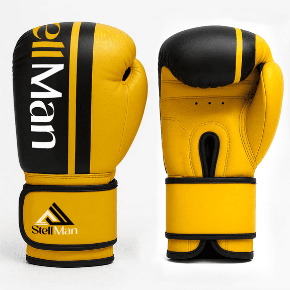 StellMan Boxing Gloves for Training Sparring and Kickboxing – Yellow and Black PU Leather Gloves for Men and Women with Wrist Support and Foam Protection – Dual Color Design