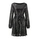 thumbnail image 4 of Mini vestido de lentejuelas de manga larga para mujer - Vestido de cóctel brillante y brillante, poliéster, cuello redondo, corte en A, 4 of 5