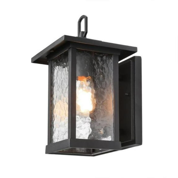 1-Light Modern Matte Black Outdoor Wall Light Lantern Sconce w/ Water Waved Glass