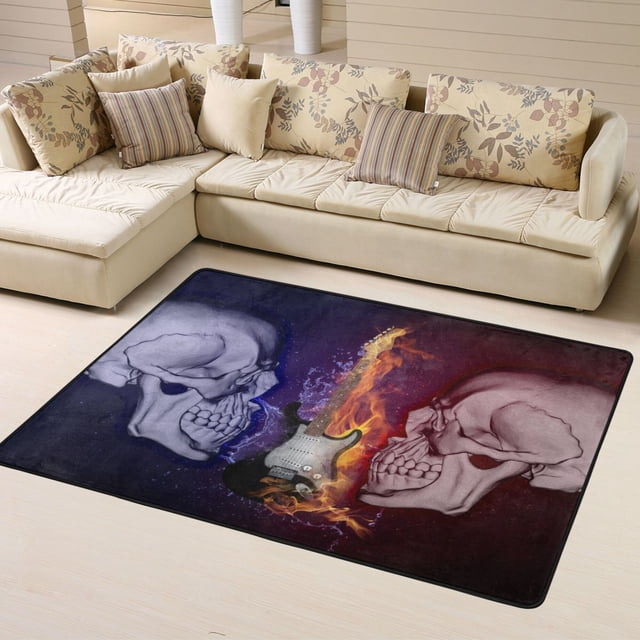 DouZhe Ice Fire Guitar Skull Pattern Area Rugs Non-Slip Machine Washable Floor Mat, Modern Style Carpet Doormat, 63x48 inches