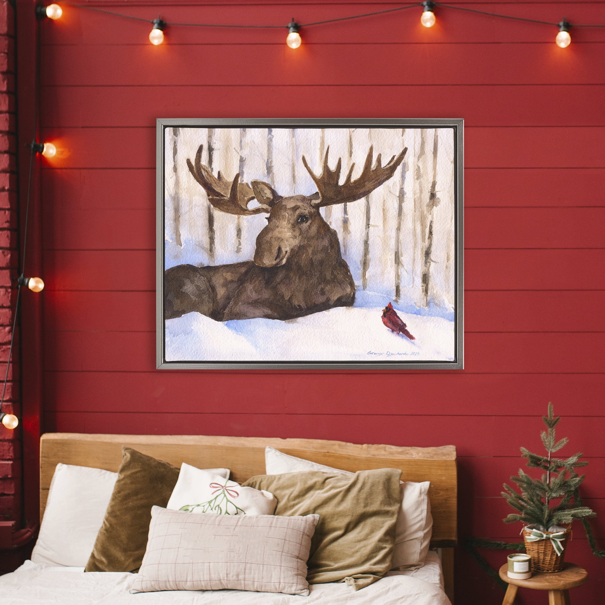 Stupell Industries Moose & Red Cardinal Gray Framed Floater Canvas Wall Art, design by George Dyachenko
