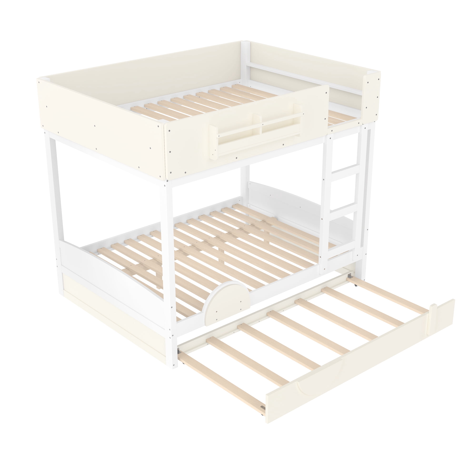 Mintazer Full Over Full Car Themed Bunk Bed with Trundle & Bookshelf, Modern Bunk Bed with Guardrail for Kids, White & Beige
