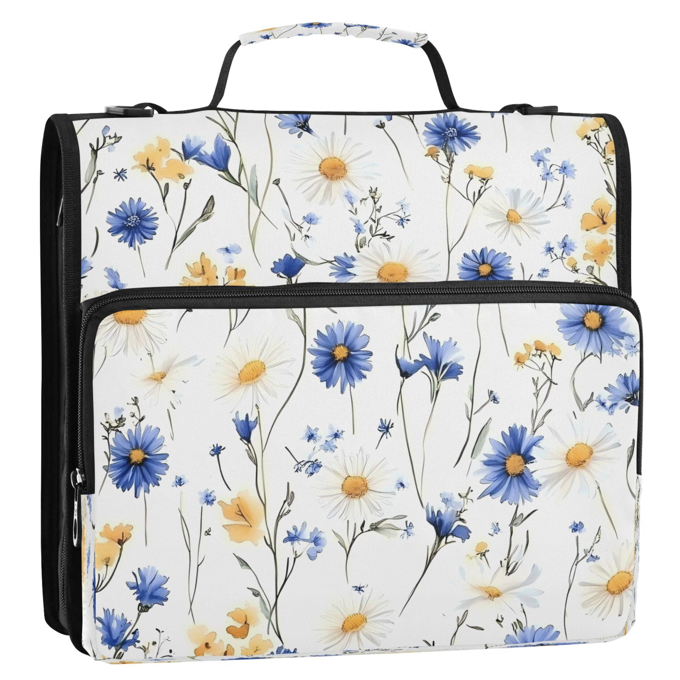 Water-Resistant 3-Ring Binder Organizer with Multiple Pockets Zipper Binder Bag for Office Blue and Yellow Wildflowers