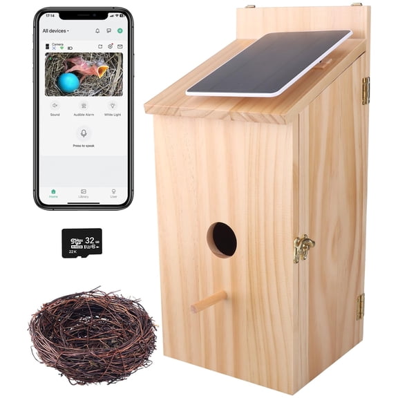 Birdhouse Camera, Birdhouse with 1080P HD Camera Wireless - 2.4G WiFi & App Notify Solar Powered Smart Birdhouse with Nest Auto Capture Photo & Video, Waterproof Wooden Birdhouse for Wild Bird Lovers