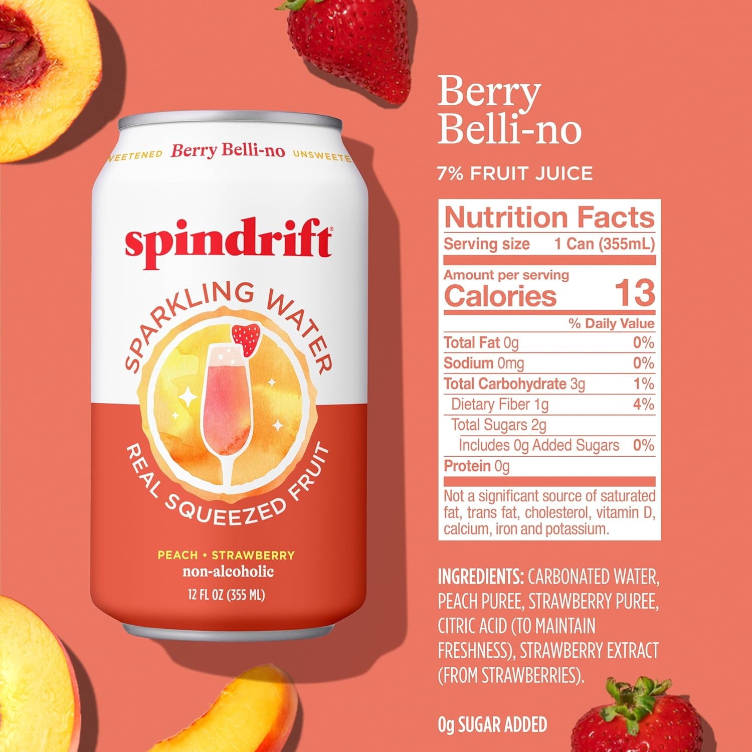 Spindrift Sparkling Water, Berry Belli-no Flavored, Made with Real Squeezed Fruit, 12 fl oz, 8 Count, No Sugar Added, 13 Calories per Can