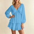 thumbnail image 2 of Women's V Neck Puff Long Sleeve Tiered Ruffle Mini Dress, Solid Elastic Waist Flowy Chiffon Summer Swing Short Dress Blue S(S), 2 of 5