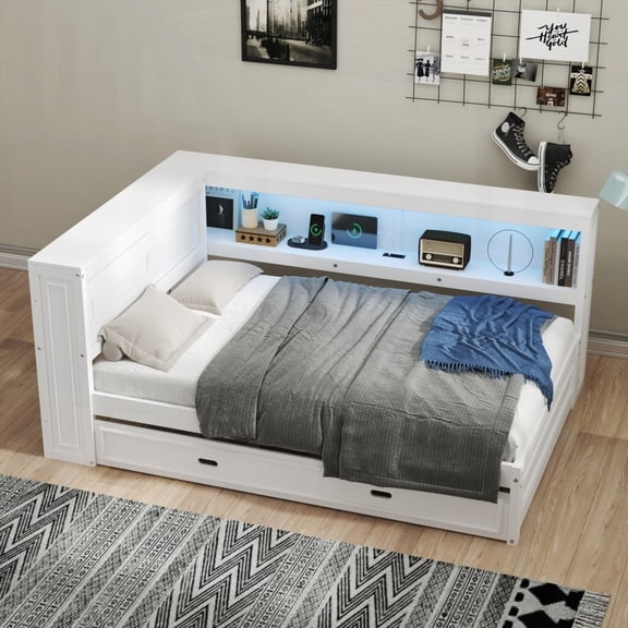 Full Size Wood Daybed with Storage & Trundle, USB & LED, White for Bedroom