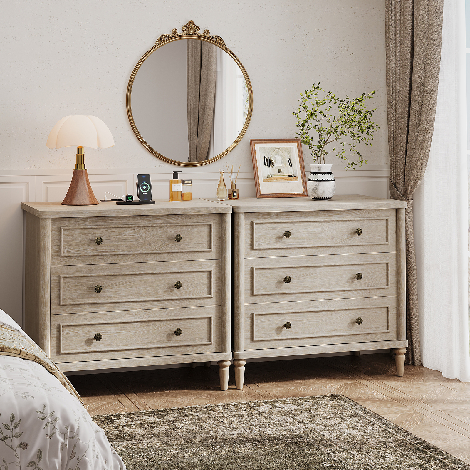 Bestier Farmhouse Nightstand Set of 2 with Charging Station, Oak photo 6