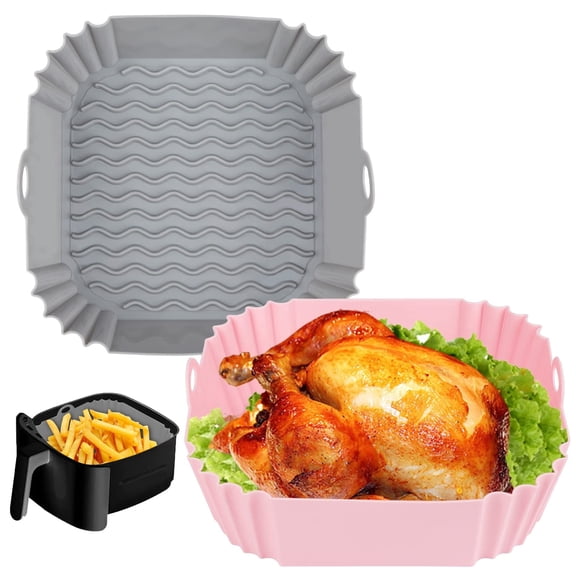 2 PCS Square Silicone Air Fryer Liners - 8 Inch Air Fryer Reusable Liners - Kitchen Accessories - AirFryer Inserts for 4 to 7 QT Oven Microwave Accessories (Grey Pink)