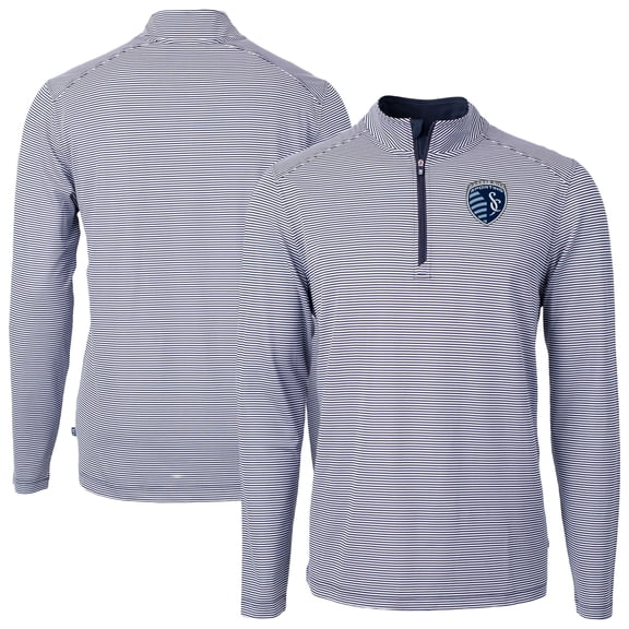 Men's-Cutter & Buck  Navy Sporting Kansas City Virtue Eco Pique Micro Stripe Recycled Quarter-Zip Top