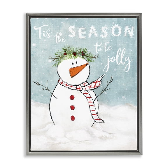 Stupell Industries Farmhouse Tis the Season Snowman Gray Floating Frame Canvas Art, 17 x 21, by Janet Tava