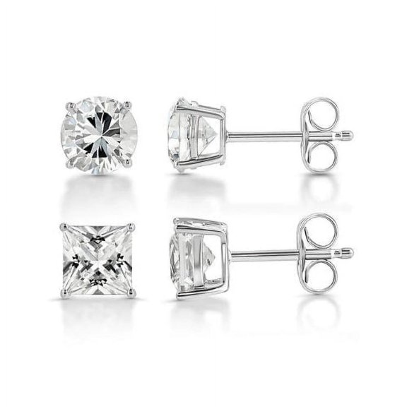 Bonjour Jewelers 18k White Gold 2 Pair Moissanite Round & Princess Cut Stud Earrings Plated 4mm