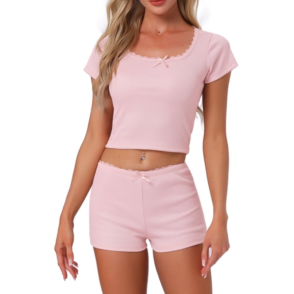 DARING DIVA Cotton Pajama Lace Trim Short Sleeve Top Lounge Set XS Pink