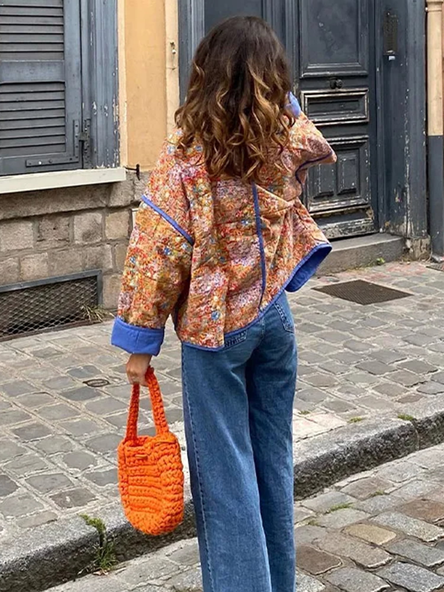 Veste Matelassée Légère Femme - Style Vintage Fleuri, Coton/polyester, Manches Longues, Pour Automne, Hiver, Randonnée