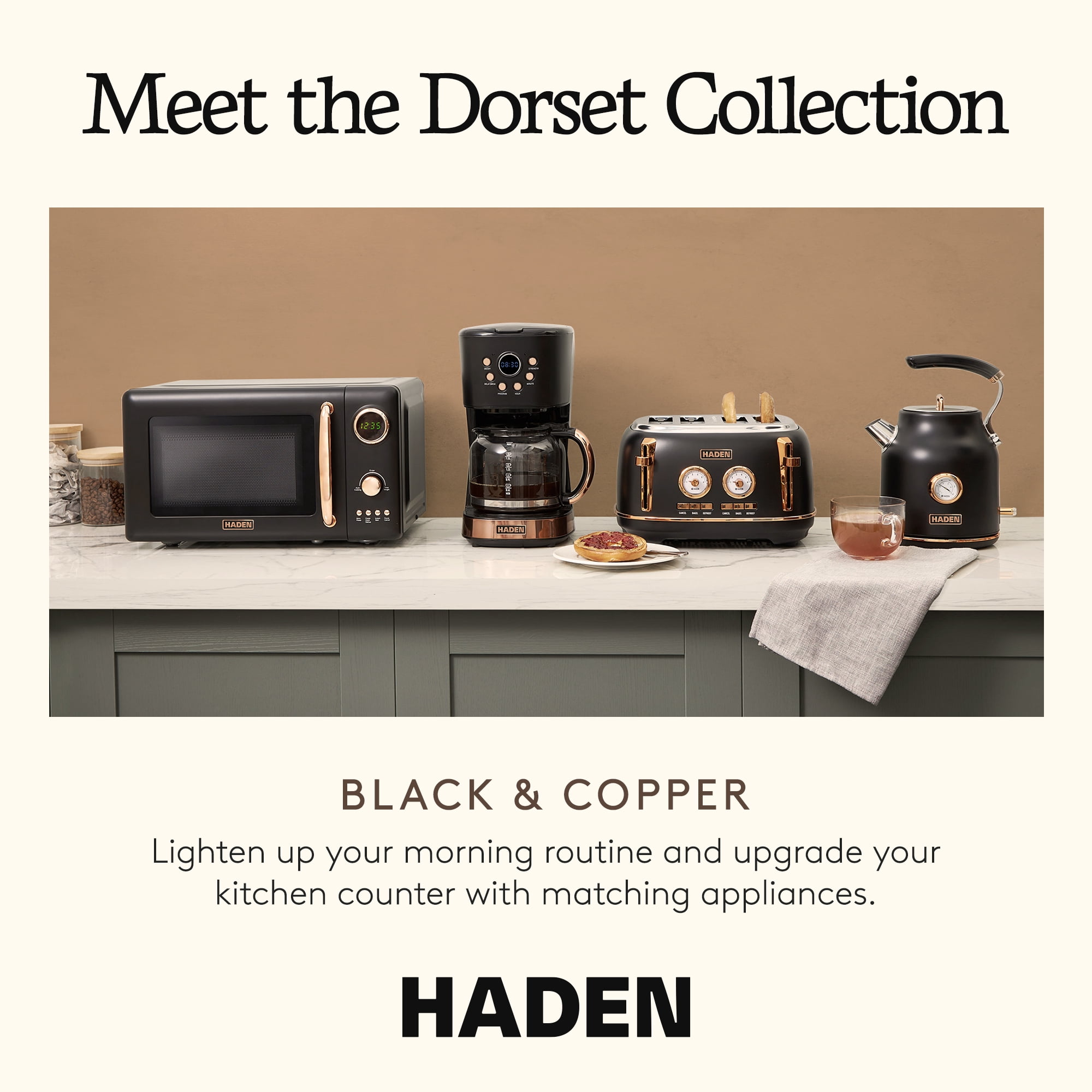 HADEN Dorset 2-Slice Wide Slot Stainless Steel Toaster, Black / Copper