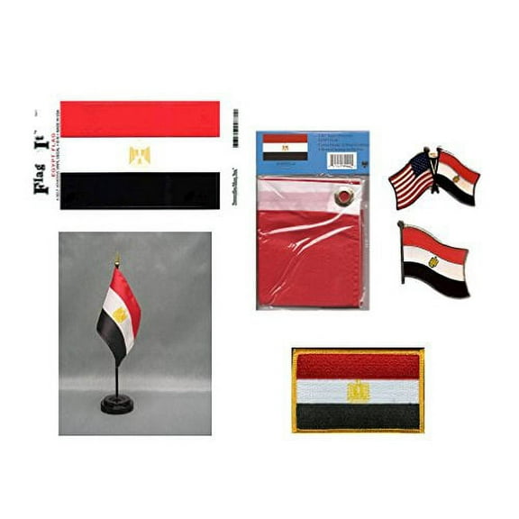 Egypt Heritage Flag Pack - Includes a Egyptian 3x5' Flag, Vinyl Flag Decal, One Single & One Double Friendship Flag Lapel Pin, Miniature Desk Flag with Stand & One Iron-On Flag Patch