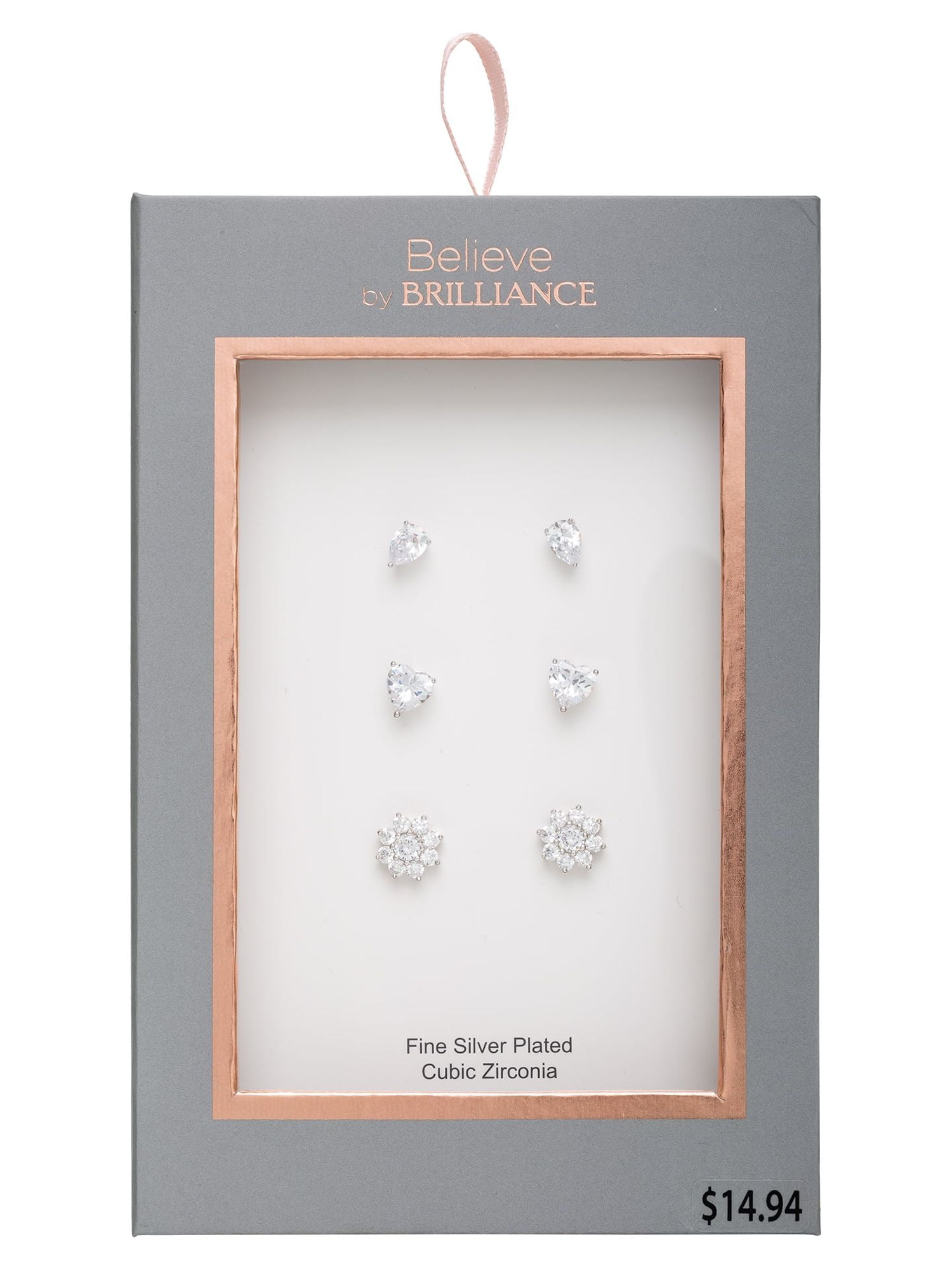 Believe by Brilliance Women's Sterling Silver and Cubic Zirconia Multi Shape Stud Earrings, Set of 3