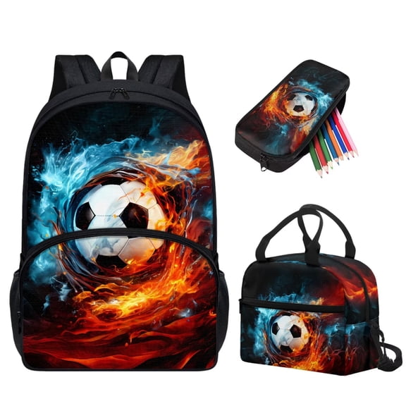 Binienty 3 Piece Backpack Set for Boys Soccer Schoolbag with Lunch Box Pencil Case Fire Flame Design Middle School Students Shoulder Bookbag with Laptop Compartment Anti Thief Travel Rucksack