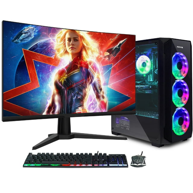Gaming PC Desktop Computer - Intel Core i7 Processor, RTX 5060 8GB DDR6, 32GB DDR4 RAM, 2TB SSD, 27" Inch Gaming Monitor Windows 11 Pro WiFi ~ AQVIN Z