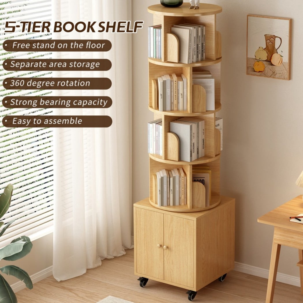 5-Tier Rotating Bookshelf with Drawer, 360° Spinning Corner Bookcase, Narrow Space-Saving Floor Standing Storage Rack for Bedroom, Living Room & Small Spaces, Natural