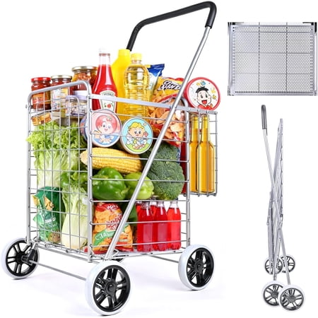 Folding Shopping Cart with Double Baskets Collapsible Grocery Rolling Utility Cart on Wheels Metal Trolley with Mesh Bottom Compact Lightweight Wagon for Groceries Camping Luggage Laundry