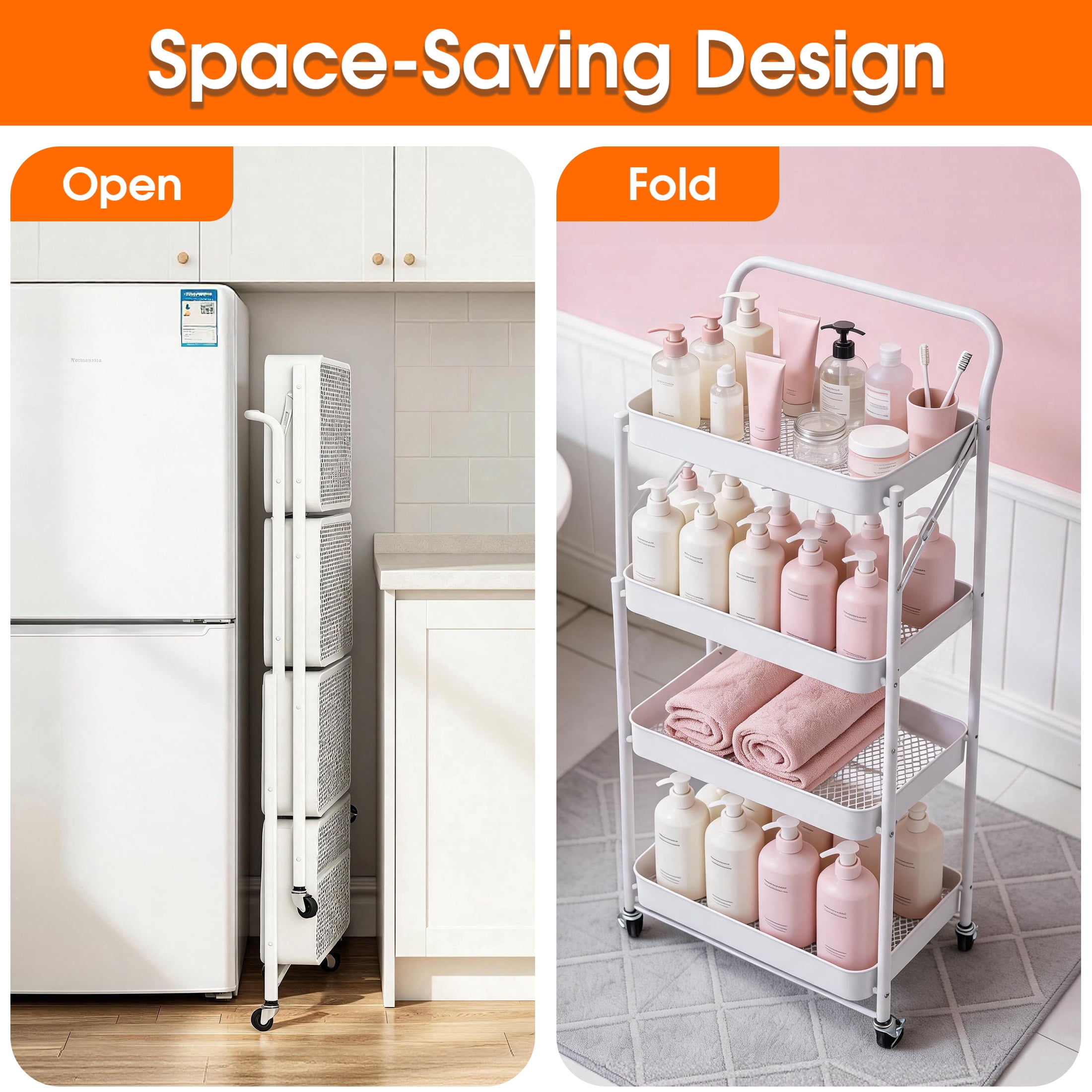 CISILOV 4-Tier Foldable Rolling Storage Cart, Mobile Utility Cart with Wheels & Handle, Metal Mesh Organizer Cart for Kitchen, Bathroom, Living Room, Bedroom, White