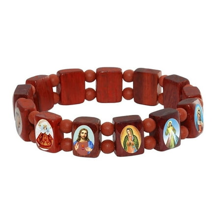 - Wood Bead Saints Elastic Bracelet - Small Square Assorted Catholic Images