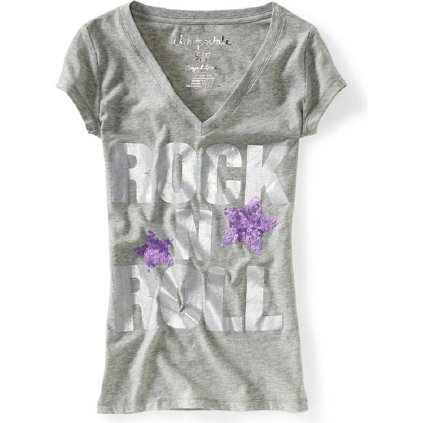 Camiseta gráfica con cuello en V Rock Star para mujer de Aeropostale, gris, mediana Aeropostale Camiseta gráfica