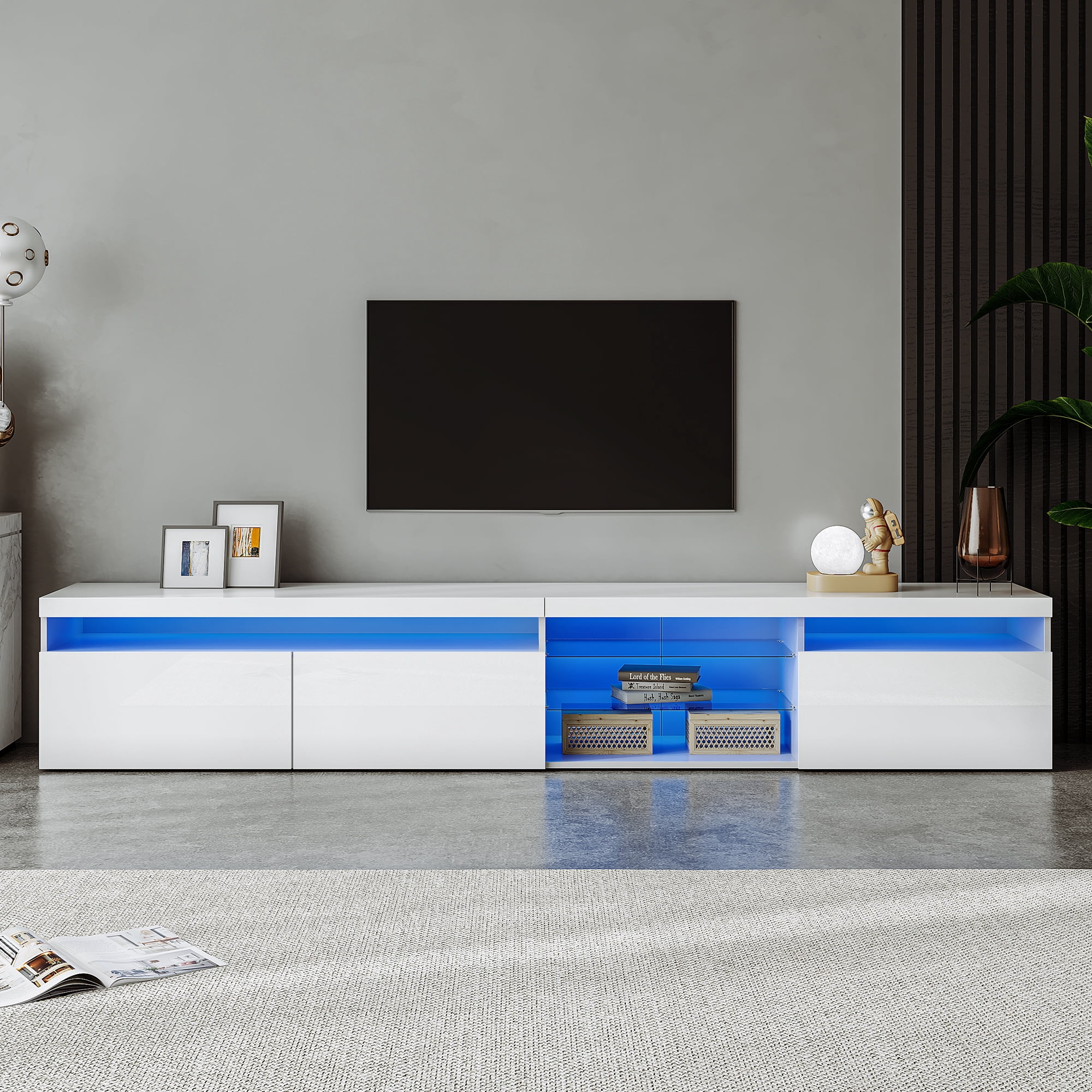EUROCO 94.5" Longer TV Stand for TVs Up to 100", Versatile Entertainment Center Media Console Table with LED Color Changing Lights 2 Glass Shelves,with Ample Storage Space, White