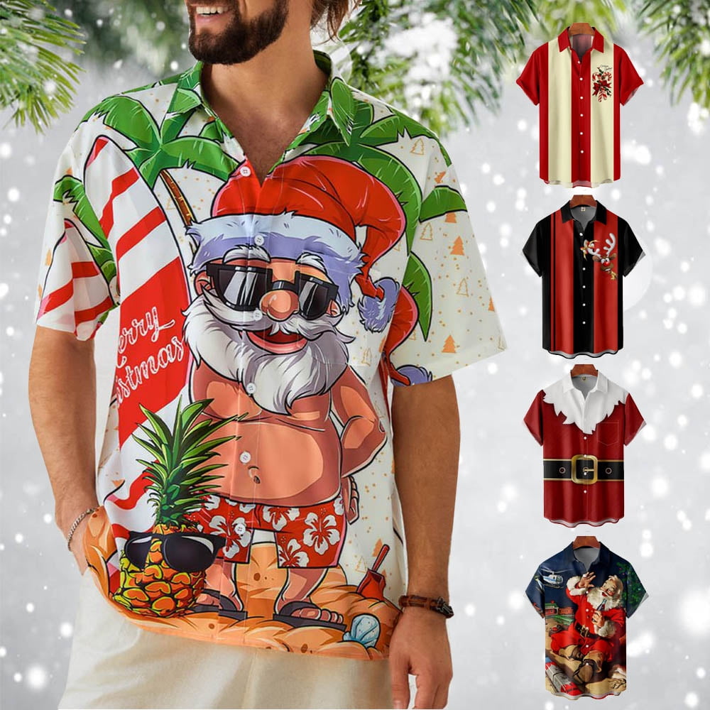 Men's Christmas Hawaiian Shirt Christmas Pattern Button sleeved Lapel Christmas Hawaiian Shirts