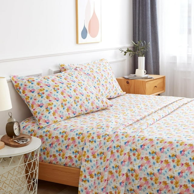 King Size Bed Sheets Set PC Soft Cooling Thread Count Microfiber Printed Sheet Deep Pocket Breathes Better Machine Washable Tropical Palm Tree Fronds Patterned Double