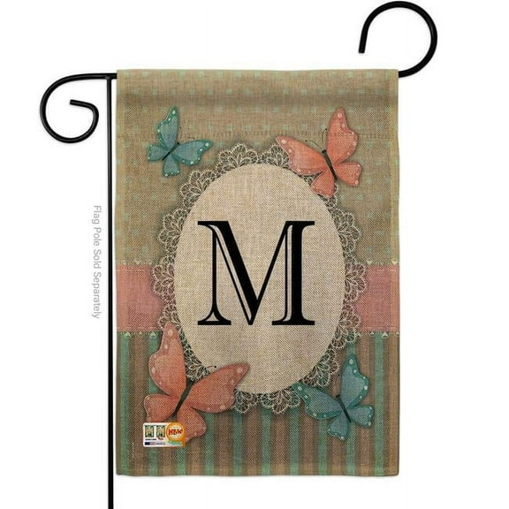Breeze Decor BD-BG-G-130143-IP-DB-D-US14-BD 13 x 18.5 in. Butterflies M Initial Burlap Garden Friends Bugs & Frogs Impressions Decorative Vertical Double Sided Flag