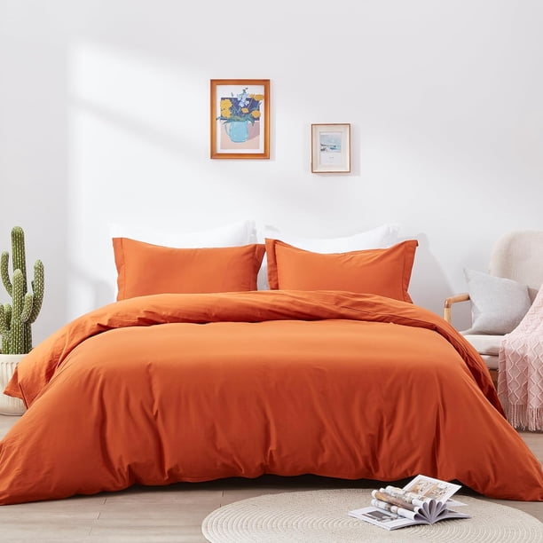 Juego de Funda Nórdica de Algodón Lavado Naranja Reina con Cremallera Doble Suave