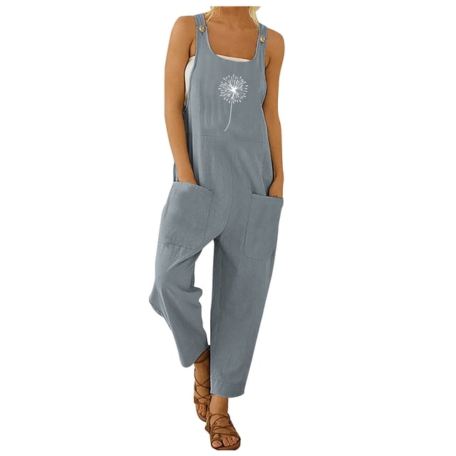 TrendOFT Combinaison d'Été pour Femmes Mode Décontractée Imprimé Ample Sans Manches Bretelles Boutonnée Salopette pour Femmes une Pièce Gris Foncé TTG