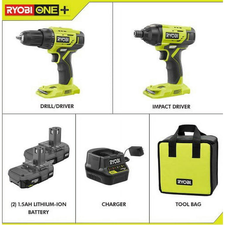 RYOBI 18V ONE+ Lithium Ion Cordless Drill/Driver Kit with 1.3 Ah Battery  and Charger