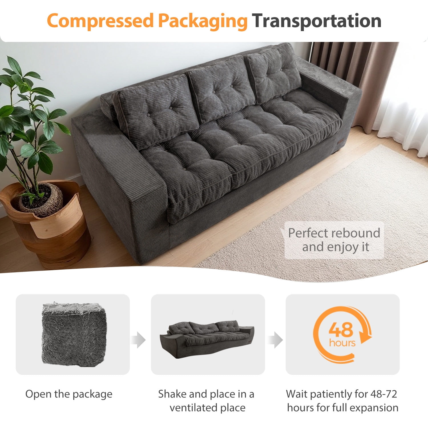 BYBYME 3 Seater Couch with Tufted Cushion & Backrest,Corduroy Floor Sofa with Armrests for Living Room Bedroom Office,Sofa in A Box,No Assembly Required,Dark Grey