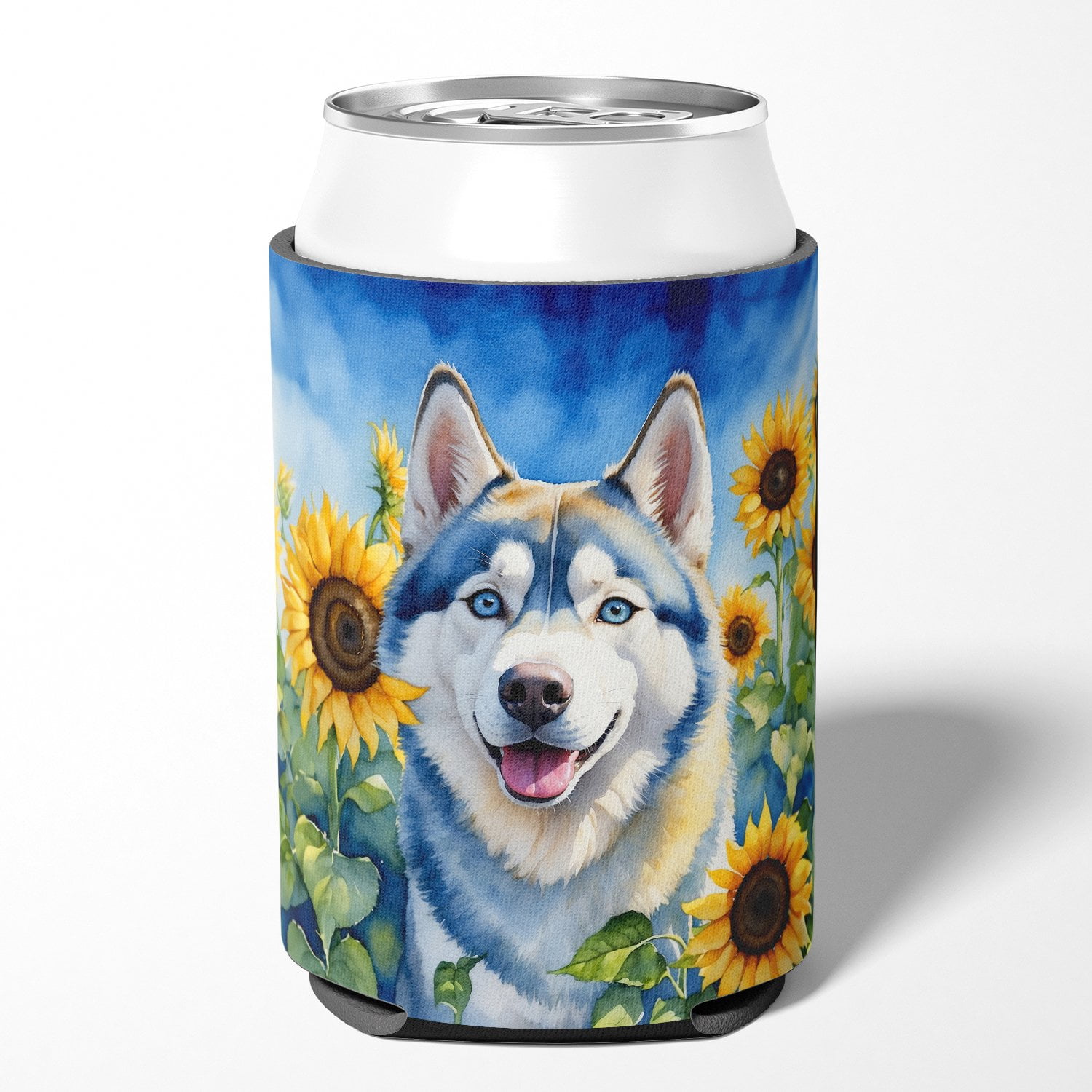 Siberian Husky in Sunflowers Can or Bottle Hugger 3 in x 5 in