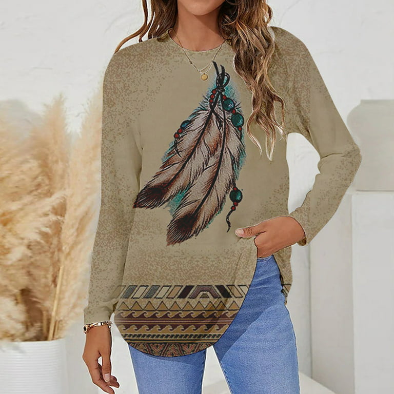 Tunic Tops to Wear with Leggings Round Neck Feather Graphic Comfy Flowy  Hide Belly Long Shirt Long Sleeve Shirts Dressy Plus Size Tops for Women  Khaki M 