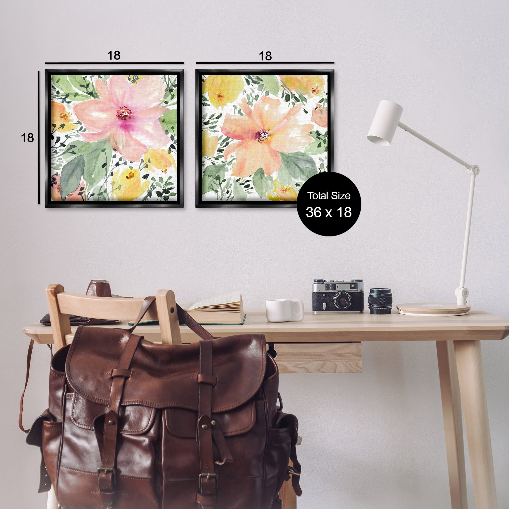 Stupell Industries Large Pink and Coral Bloom Plants & Flowers Painting Black Floater Framed Canvas Art Print Wall Art, 18 x 18, Set of 2