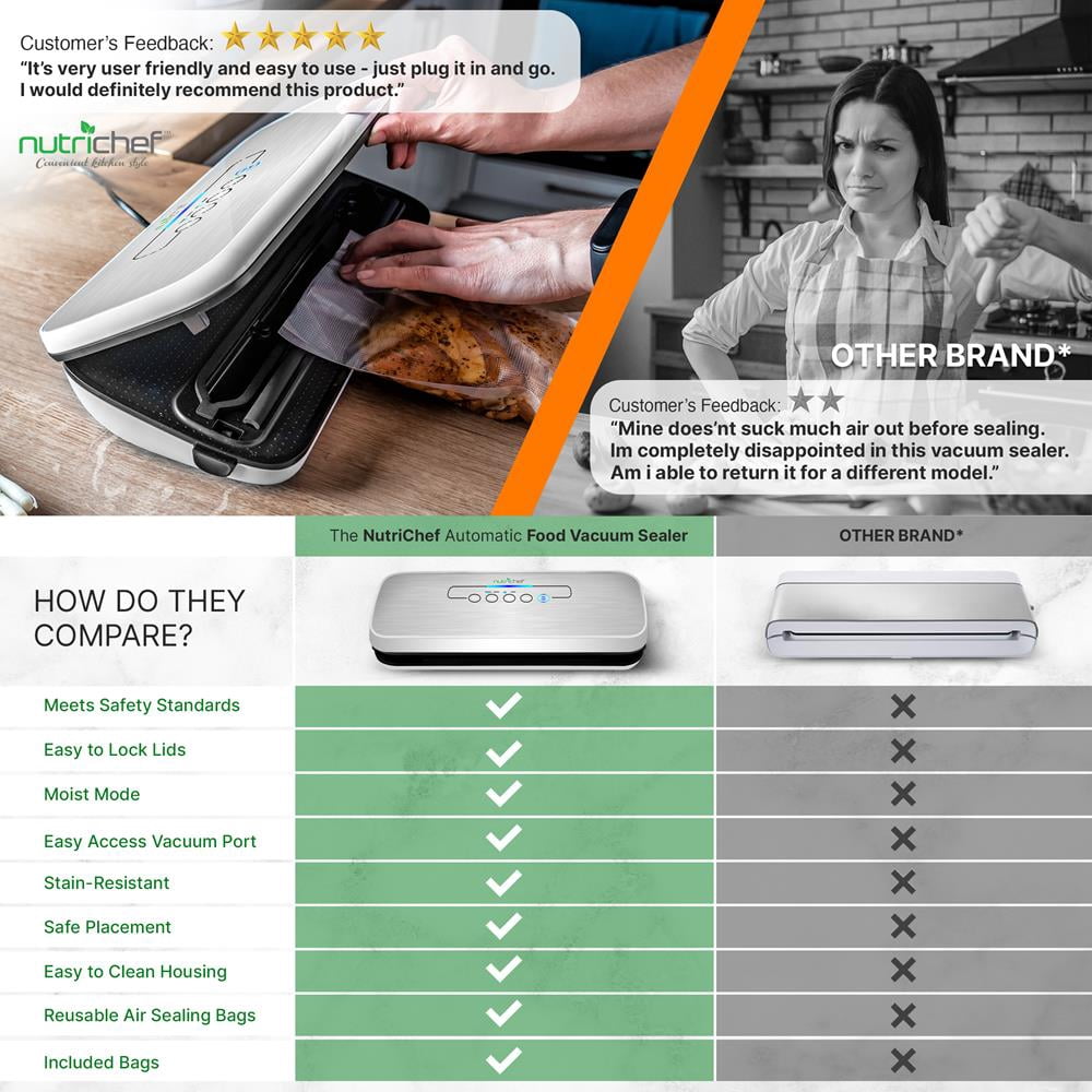 NutriChef Automatic Food Vacuum Sealer, High Suction Air Sealing Machine for Dry & Moist Foods, LED Touch Controls, Includes Bags, Hose & Wine Stopper