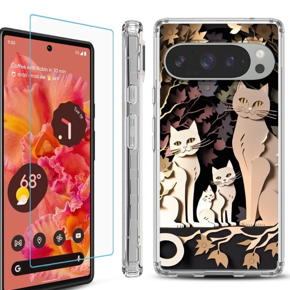 For Google Pixel 9 / 9 Pro Phone Case Cover, Shockproof Bumper Case with Tempered Glass Screen Protector, by OneToughShield - Cat Craft