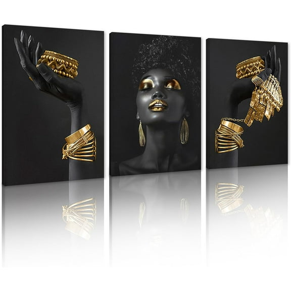 Hieng 3 Panels Abstract Black Woman Wall Art Modern American African Canvas Prints Painting for Living Room Bedroom Office - 12"x16"x3pcs