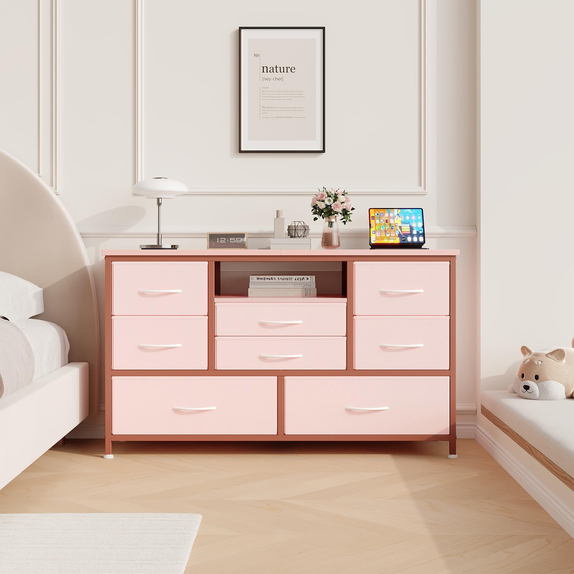 TROPOW Tv Stands for Living Room,8-Drawer Storage Cabinet TV Cabinet for 55-Inch TV Entertainment Center with Adjustable LED Lights, with Electrical Outlets and Cords-Pink