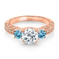 thumbnail image 2 of Gem Stone King 18K Rose Gold Plated Silver White Topaz Swiss Blue Topaz and White Moissanite Engagement Ring for Women (2.44 Cttw, Gemstone November Birthstone, Round 7MM and 4MM, Size 6), 2 of 3