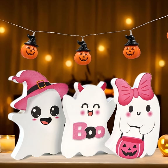 LAMIRO Funny Wood Ghost Tabletop Centerpieces,Pink Halloween Table Decor,Wooden Pink Ghost Halloween Signs Spooky Halloween Ghost Decorations for Home Office Room Girl Kids Gifts