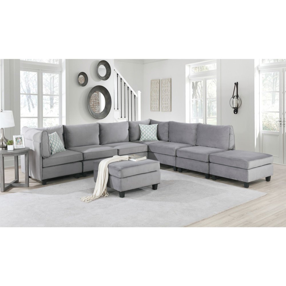 Set of 8 10' Pewter Gray Velvet Modern Style Modular Sectional Sofa